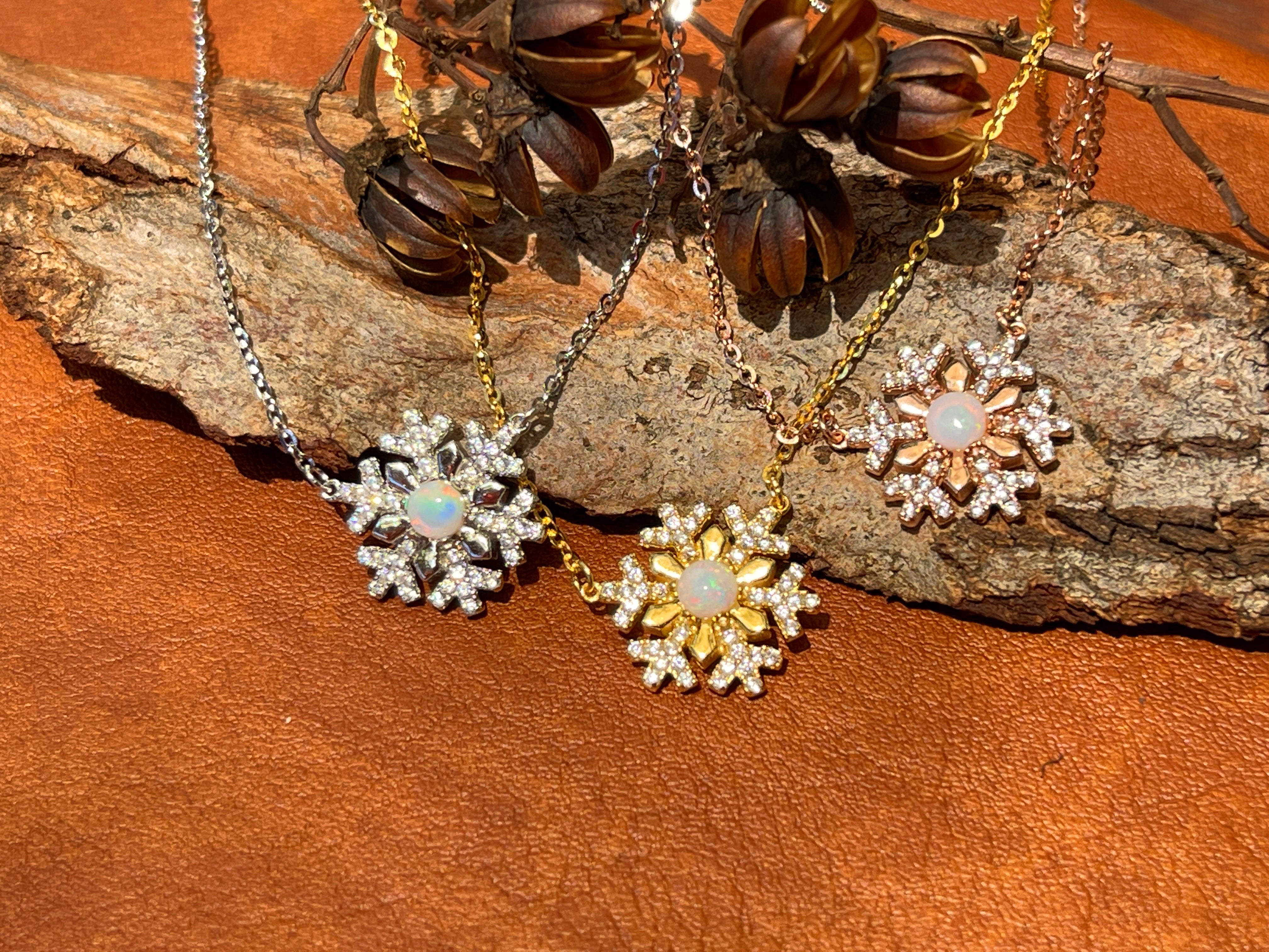 Solid White Opal Snowflake Silver Necklace