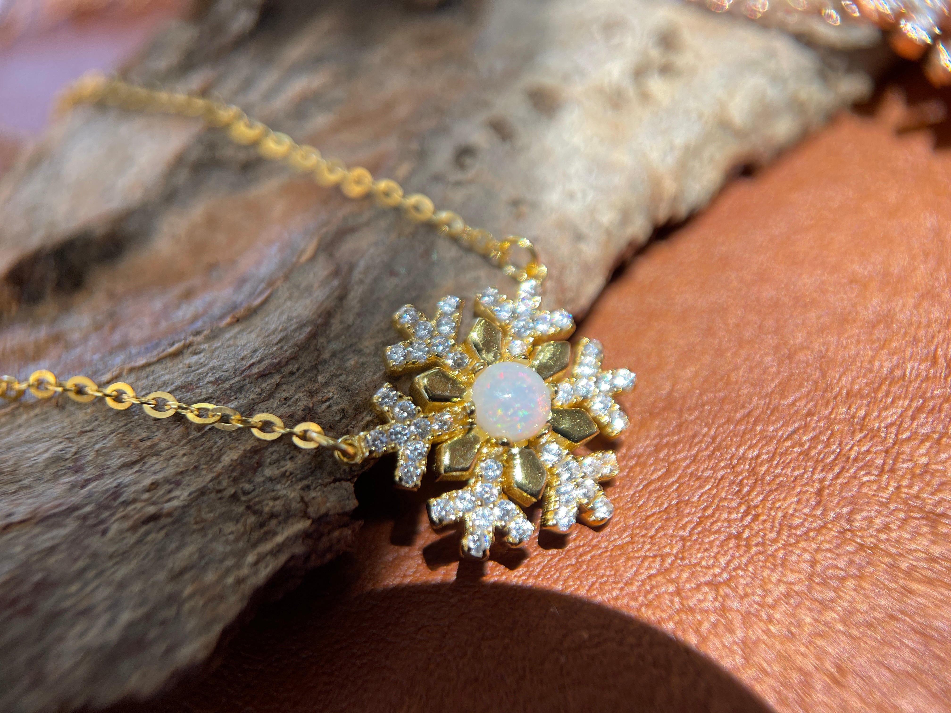 Solid White Opal Snowflake Silver Necklace