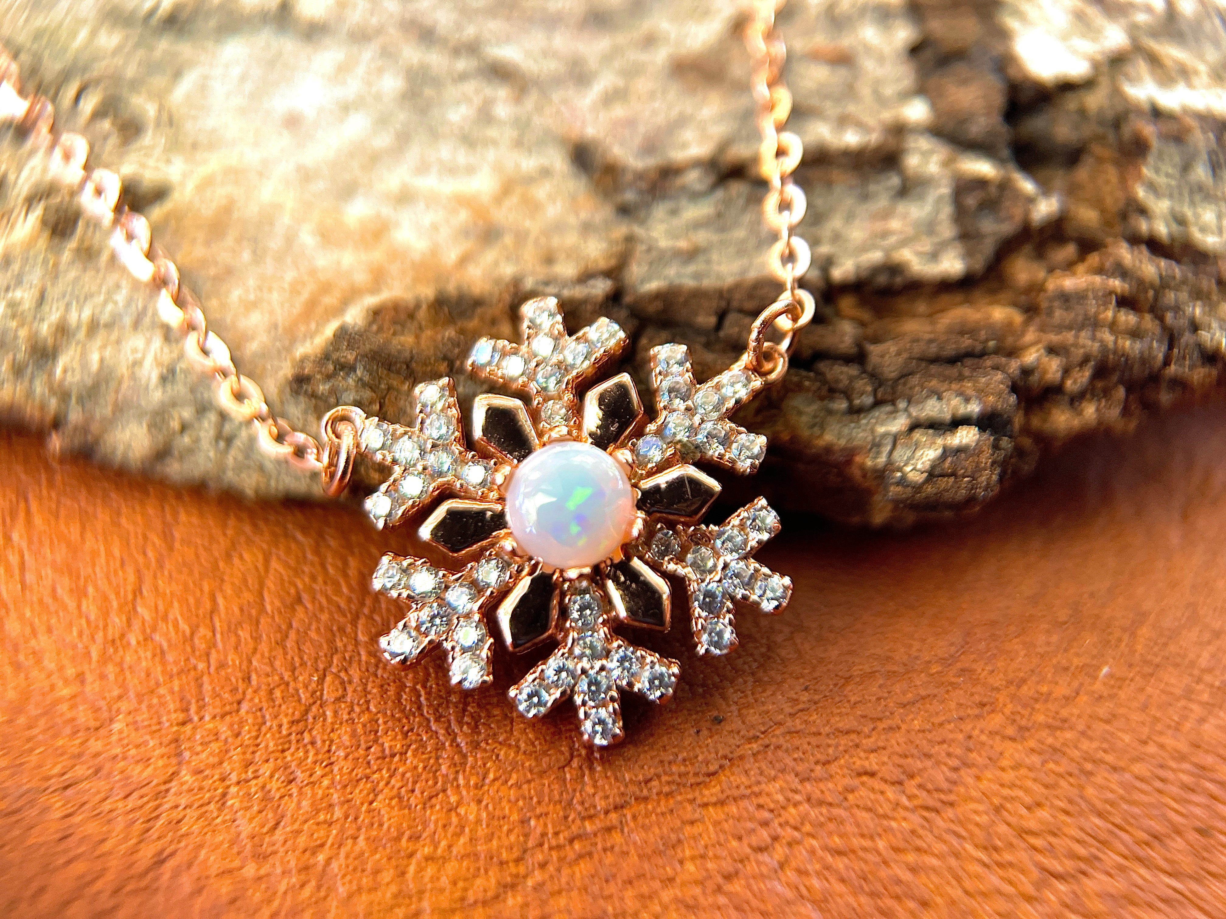 Solid White Opal Snowflake Silver Necklace
