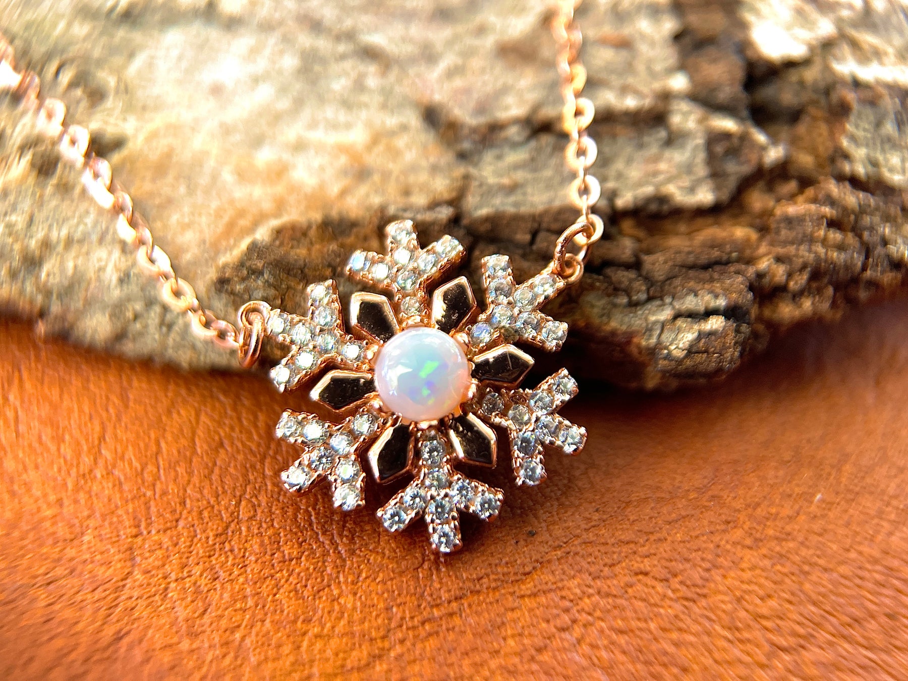 Solid White Opal Snowflake Silver Necklace
