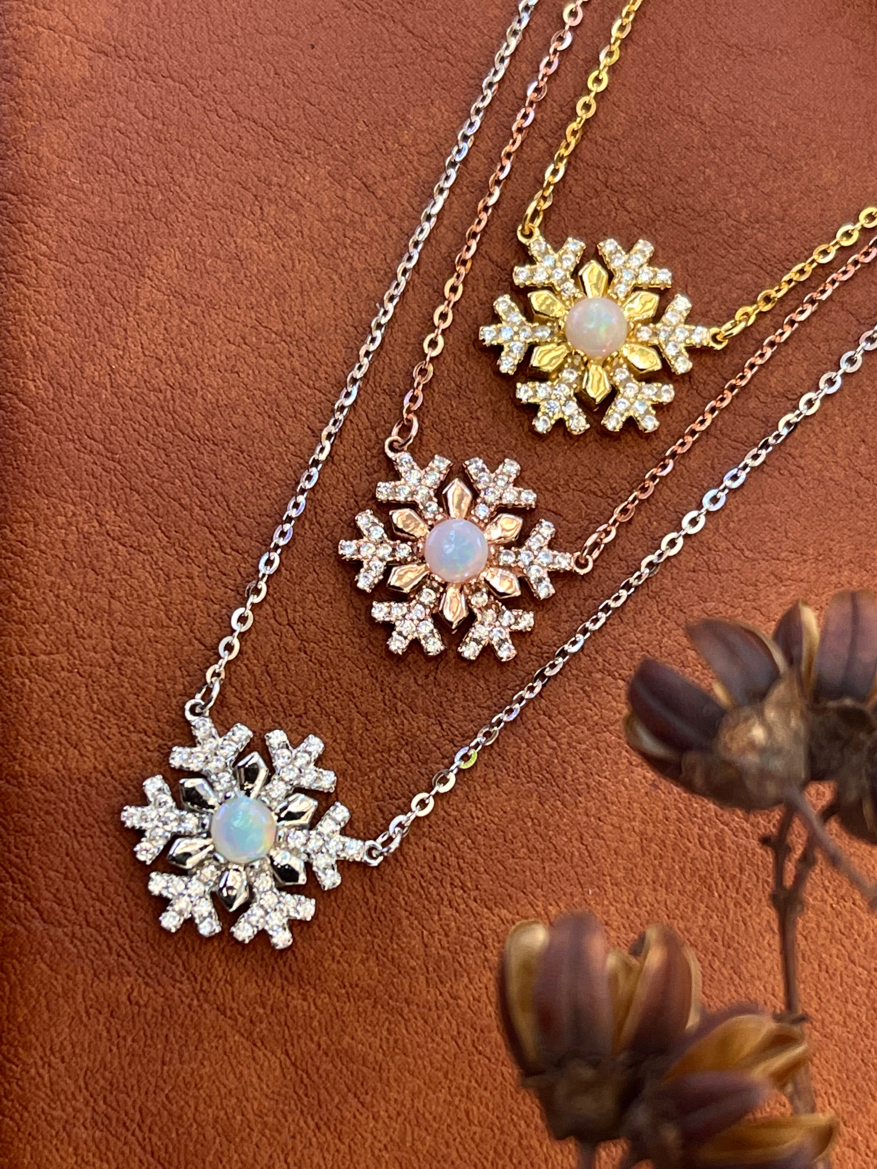 Solid White Opal Snowflake Silver Necklace