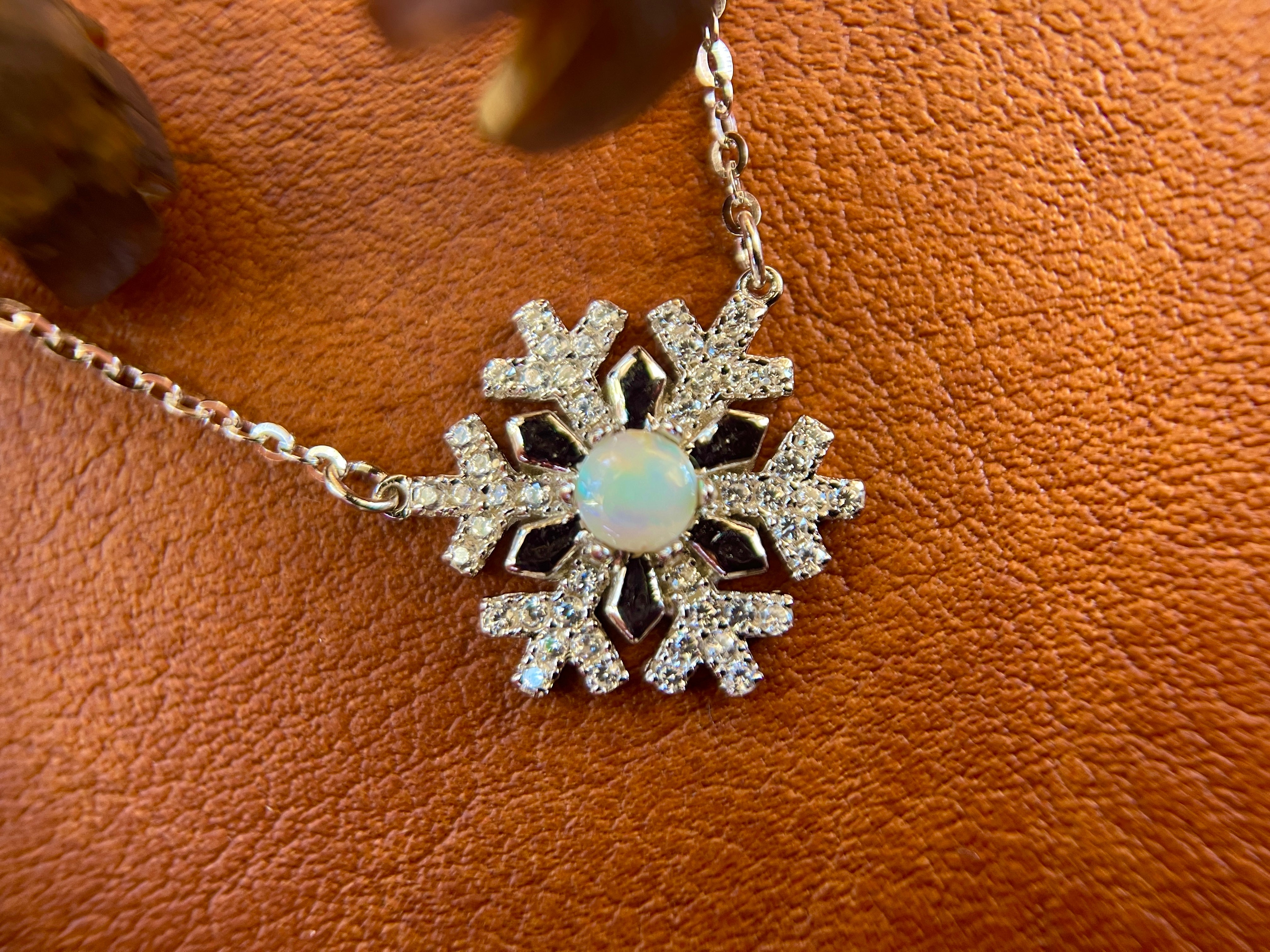 Solid White Opal Snowflake Silver Necklace