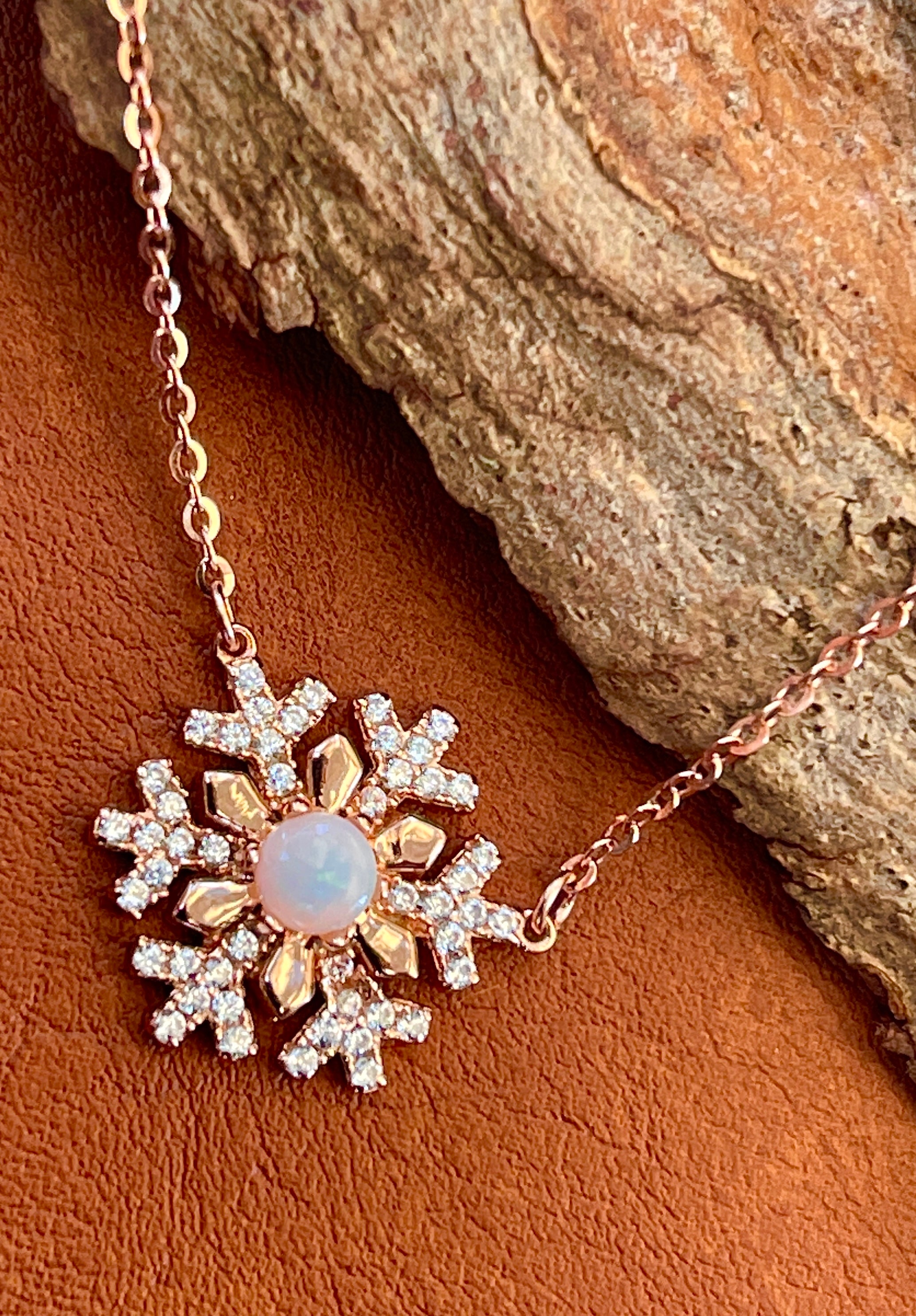 Solid White Opal Snowflake Silver Necklace