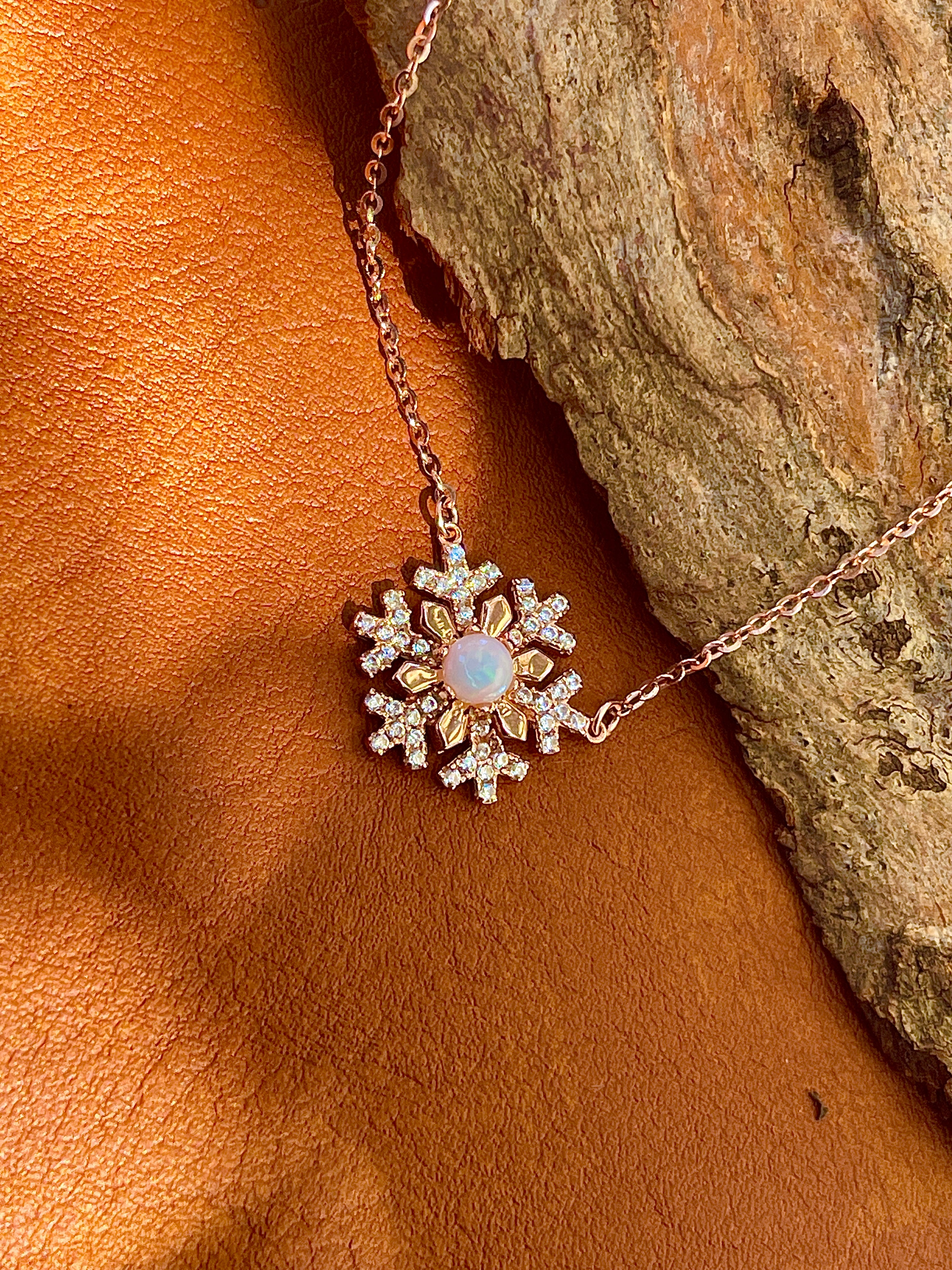 Solid White Opal Snowflake Silver Necklace