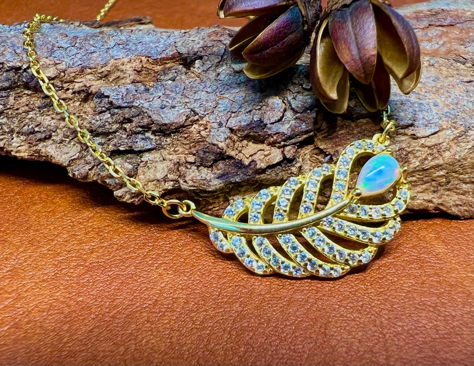 Solid White Opal Leaf Pendant